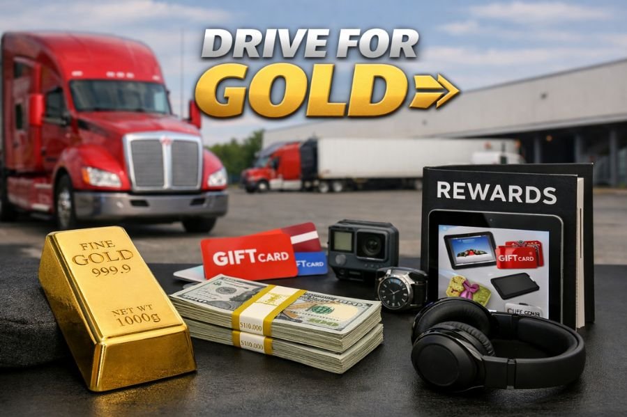 Drive for gold trucking rewards program with gold bar, cash, and truck in background