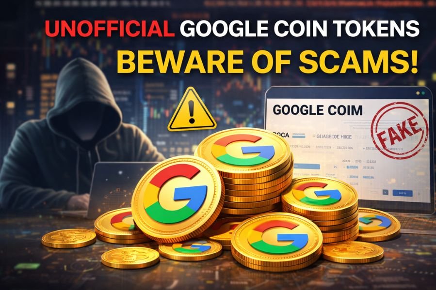 Google Coim warning image showing unofficial coin tokens and scam risk
