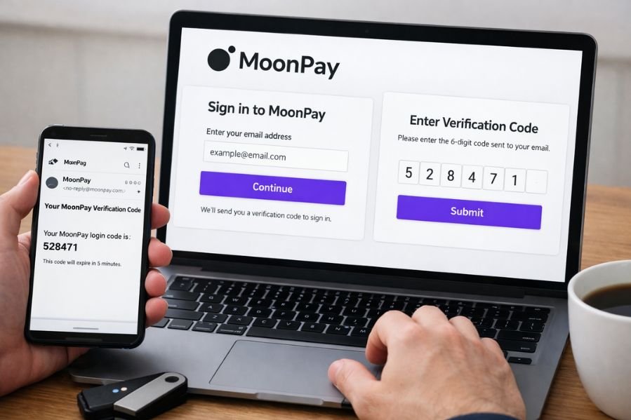 User completing moonpay login on a laptop with email verification code shown on a mobile phone in a simple real-style 16:9 scene