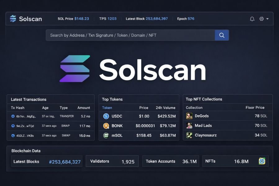 Solscan dashboard showing Solana blockchain data, wallet tracking, token analytics, NFT collections, and transaction activity