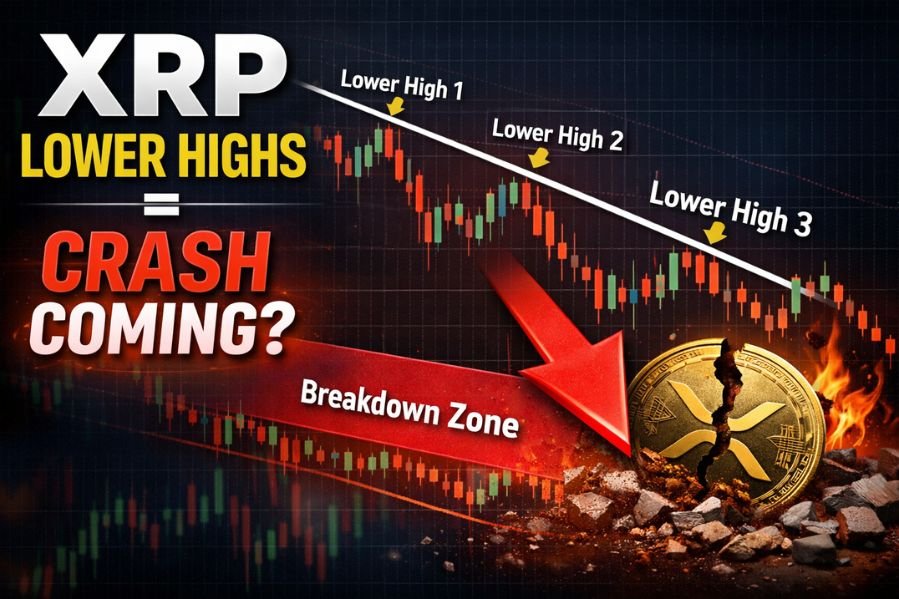 “XRP price prediction lower highs chart showing bearish trend and potential crash zone”