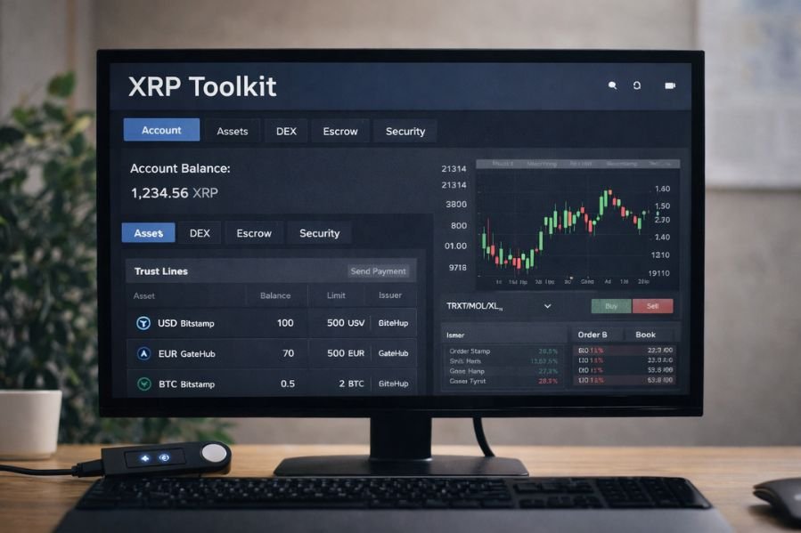 XRP Toolkit dashboard on desktop monitor showing trust lines and XRPL DEX trading