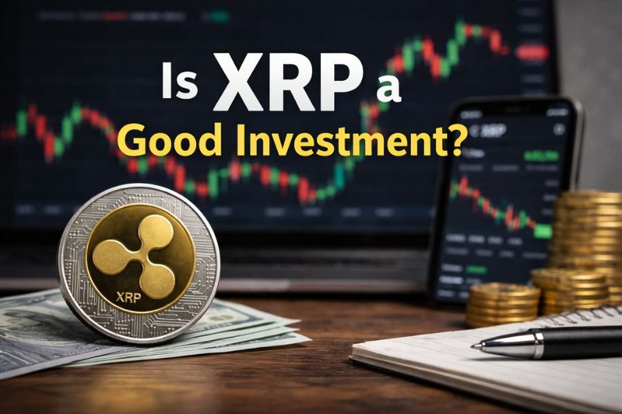 Is XRP a Good Investment? A Clear, Balanced Look at the Upside, Risks, and Long-Term Outlook Is XRP a good investment concept image showing XRP coin, market chart, smartphone, cash, and notebook on a desk