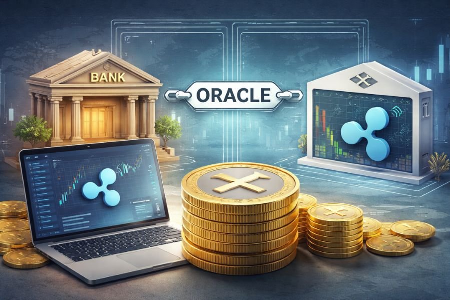 Ripple Oracle Bank Ledgers Exposed: The Hidden Truth Behind Crypto’s Next Big Bridge Realistic 16:9 illustration of Ripple oracle bank ledgers showing a traditional bank, XRP-style digital ledger system, and blockchain-based financial connectivity.
